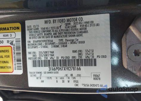 2015 Ford Fusion Se z USA, uszkodzony, nr VIN 3FA6P0H7XFR278166